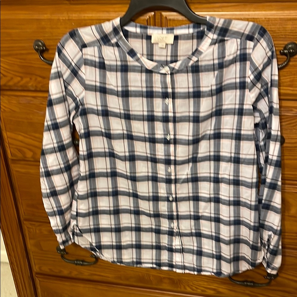 Loft Blue Plaid Button-Up Blouse